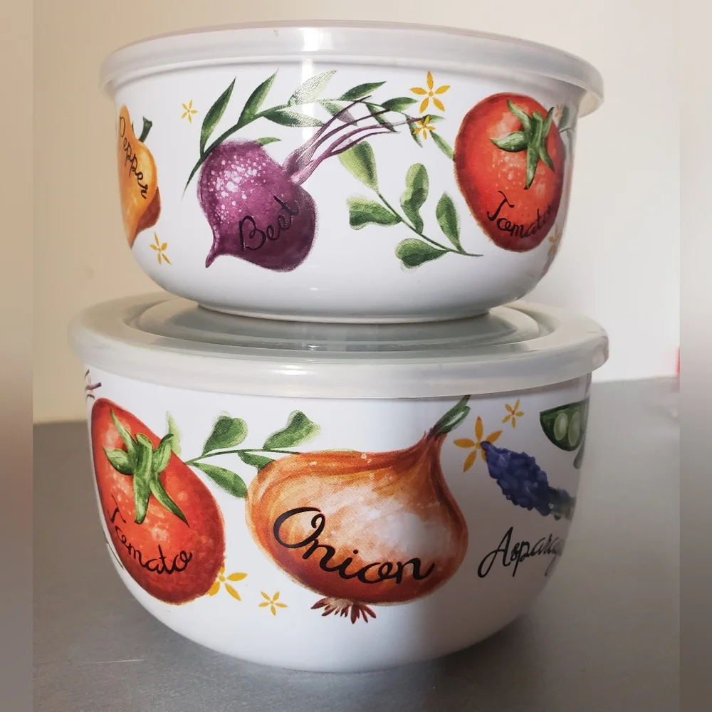 2 Ceramic food storage container and an airtight lid with a steam vent.